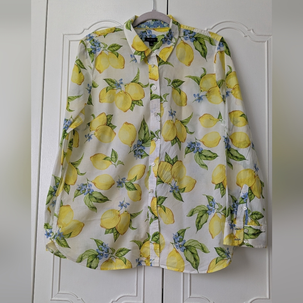 Talbots Women's Lemon Print Casual Shirt 109% Cotton Size L